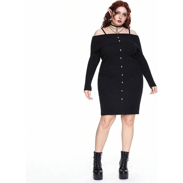 ROMWE Plus Size Glamorous Metal Button Off Shoulder Gold Thread Sweater Dress