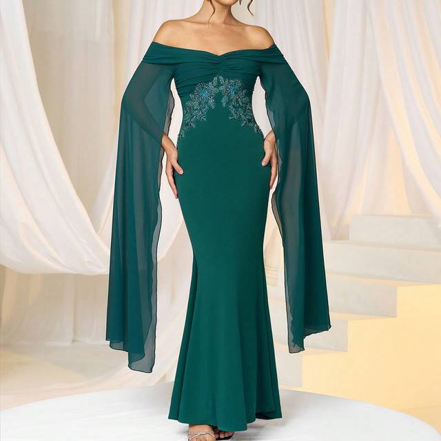 Moosta Luxury Off Shoulder Long Sleeve Fishtail Evening Dress For Formal Occasion, Wedding Guest Dress Music Festival  Spring/Summer