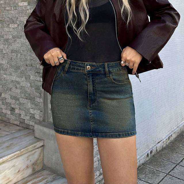 SHEIN Blue Washed With Pockets Bodycon Sexy Mini Denim Skirt