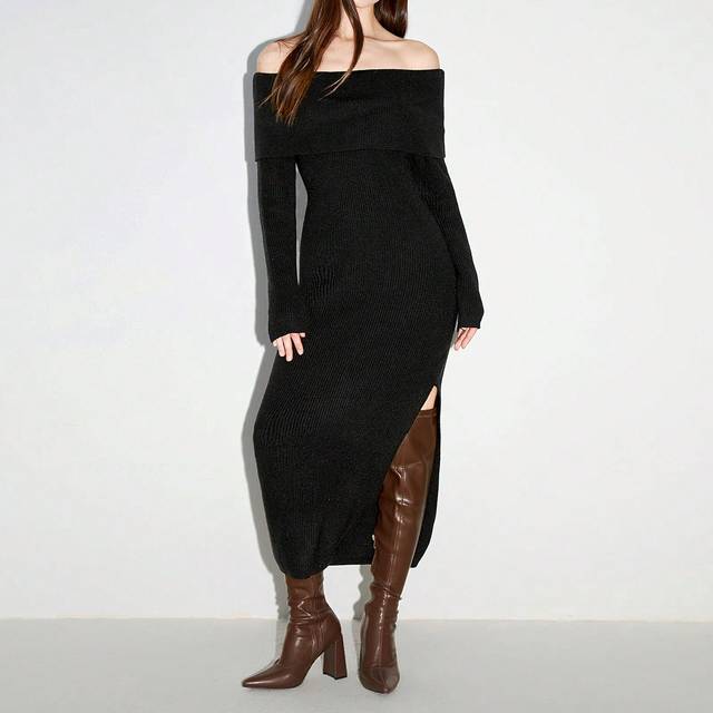TRNVIE 1pc Black Sexy Open Shoulder Fitted Long Sleeve Sweater Dress, Stylish Party Wear, Autumn/Winter
