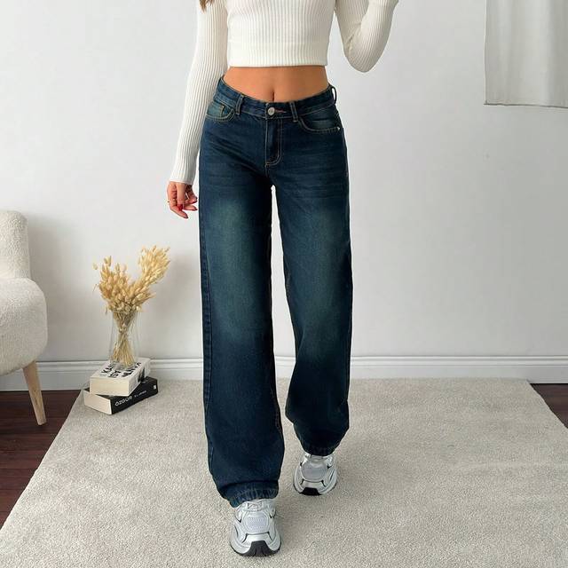 SHEIN LOW WAIST LOOSE STRAIGHT LEG FOLDED HEM JEAN
