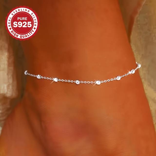 TEMU S925 Sterling Silver Small Round Bead Anklet, Elegant And For Women, Beach Foot Jewelry, Unique And Low-allergy, Weighing 2.1g.