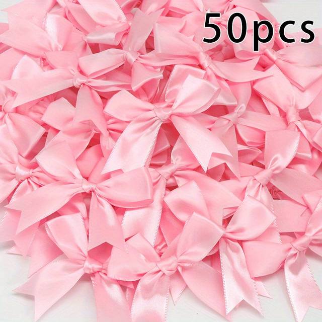 TEMU 50pcs Pink Satin Ribbon Bows (3.3"x3.3") - Elegant Craft For Gift Wrapping, Wedding Decor, & Baking Accents - Soft Silky Polyester Material, Ribbon For Flower Bouquet
