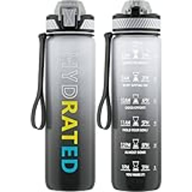 QLUR Water Bottle with Straw  32 oz Motivational Water Bottles with Time Marker to Drink  Tritan BPA Free  1L Sports Water Bottle with Carry Strap Lea