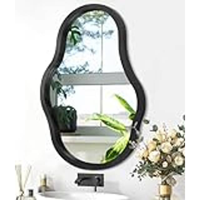 Asymmetrisk spegel för väggdekor, modern, unik, träinramad väggspegel, sminkbord, konstnärlig, dekorativ, vågig spegel, för vardagsrum, sovrum, badrum, entré, svart