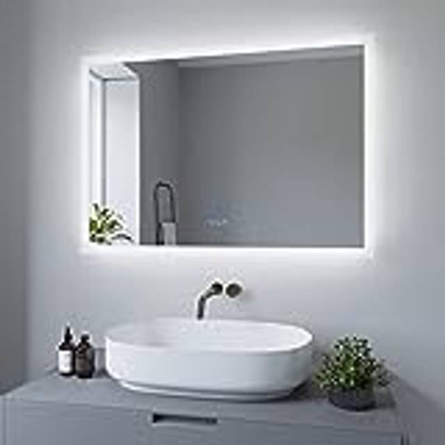 AQUABATOS 100 x 70 cm badrumsspegel med belysning, badrumsspegel, LED-ljusspegel, väggspegel, energisparande, varmvit 3 000 K, neutral vit 4500 K, kall vit 6000 K, spegeluppvärmning, IP44, CE