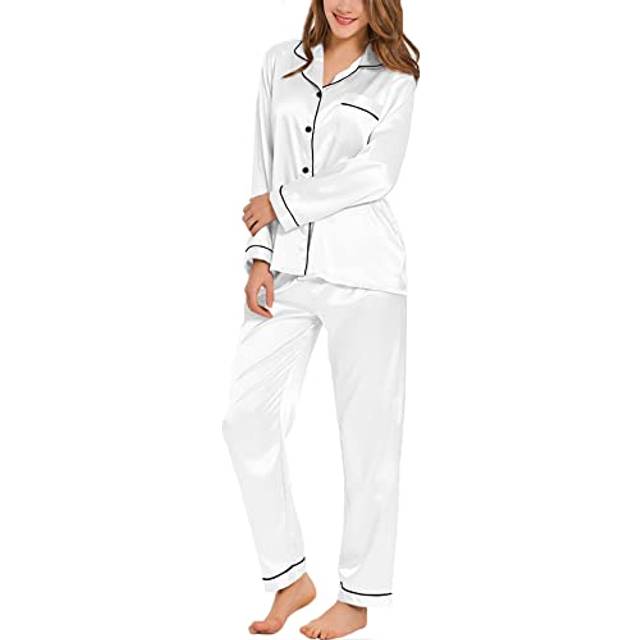 SWOMOG Womens Silk Satin Pajamas Long Sleeve Loungewear Two-Piece Sleepwear Button-Down Pj Set White