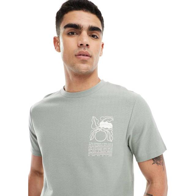 ASOS DESIGN – Khakifärgad t-shirt med textur och tryck framtill-Grön/a