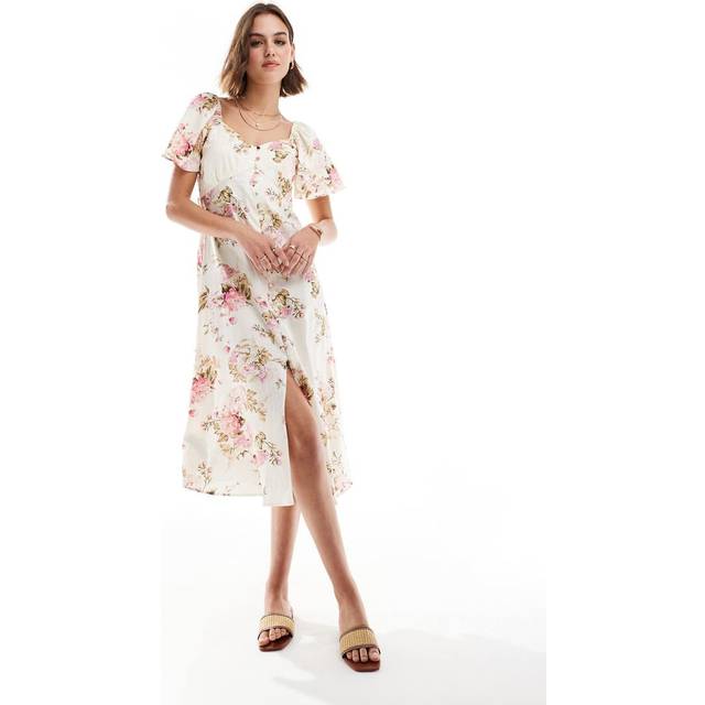 Mango Floral Pint Linen Midi Dress Ecru - Mango - Size: 10