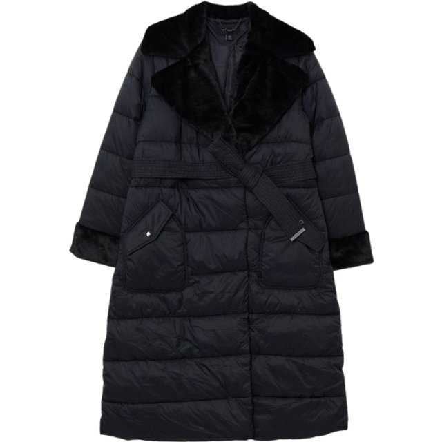 Faux Fur Lined Belted Longline Puffer Coat - Black