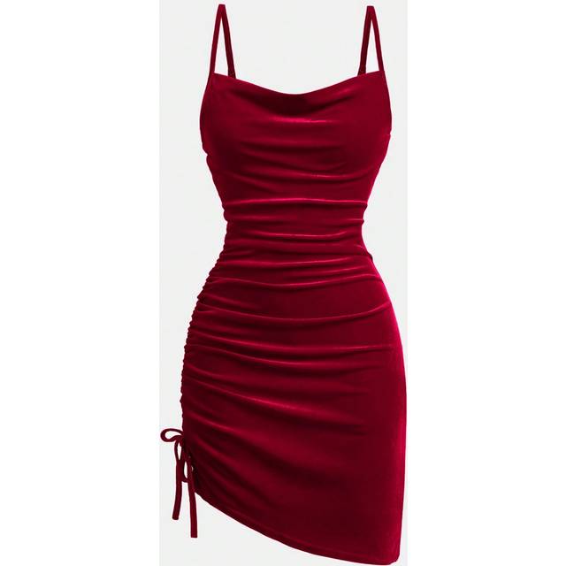 SHEIN Teen Girls Red Velvet Draped Neck Ruffle Waist Tight Formal Party Dress