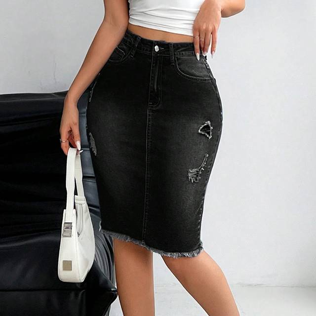 Luneh Button Front Pocket Distressed Fringed Casual Denim Skirt