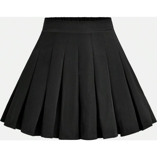 SHEIN Tween Girls Solid Black Mini Skirt Zipper Solid Pleated Skirt, Suitable For Autumn Winter, Daily Wear, Casual Occasion, Back To School