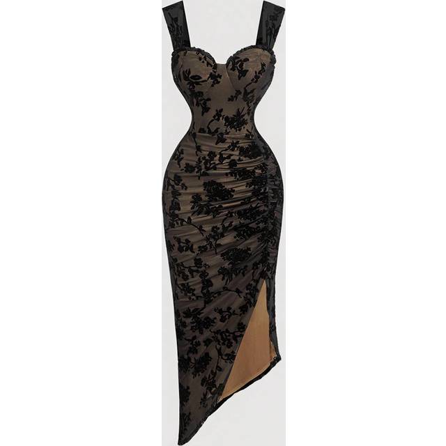SHEIN Women&#39;s Elegant Floral Flocked Mesh Slit Dress,Black Homecoming Dress,, Women Dress,Witch Dress,Vampire Dress,Elegant Women Dresses,Day Of The Dead Ou
