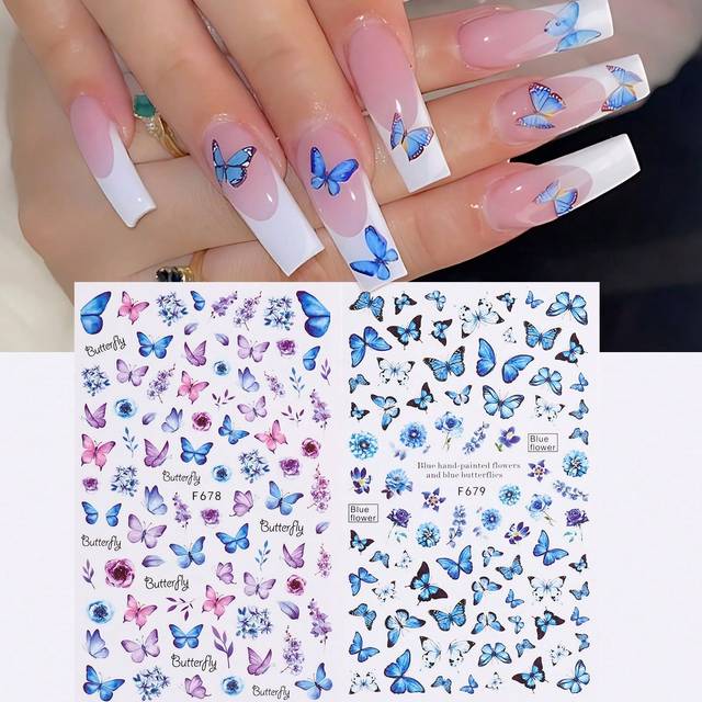 SHEIN 2pcs Colorful Blue Purple Butterfly Flowers Leaves Nail Stickers DIY Y2K-Style Nail Art Decals Decoration Nail Design Manicure Tips Nail Accessories F