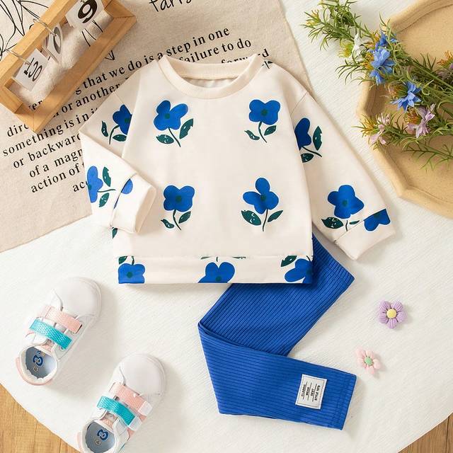 SHEIN Baby Girls Floral Print Rib Knit Round Neck Sweatshirt And Casual Leggings Set, Comfortable & Stylish, Autumn/Winter