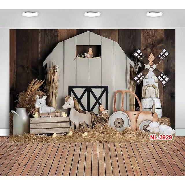 SHEIN White Barn Farm Photography Backdrop Birthday Cake Smash Photo Background Cow And Sheep Windmill Photo Studio Props Mother&#39;s Day Graduation
