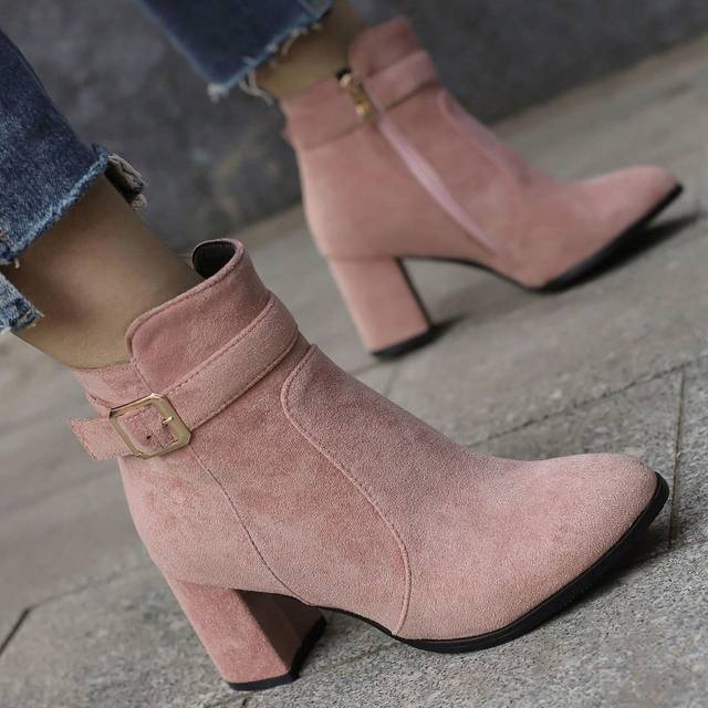 SHEIN Pink Chunky Heel Ankle Strap Booties, Faux Suede, Side Zipper Closure, New Women Fall Shoes