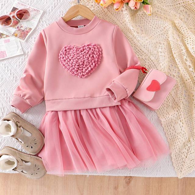 SHEIN Girls&#39; Unique Crochet Heart Pattern Sweater Dress With Contrast Mesh Hem, Sweet & Lovely Style For Autumn, Young Girl