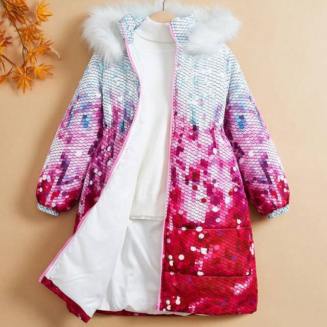 SHEIN Tween Girl Sequin Effect Drop Shoulder Fuzzy Trim Hooded Padded Coat