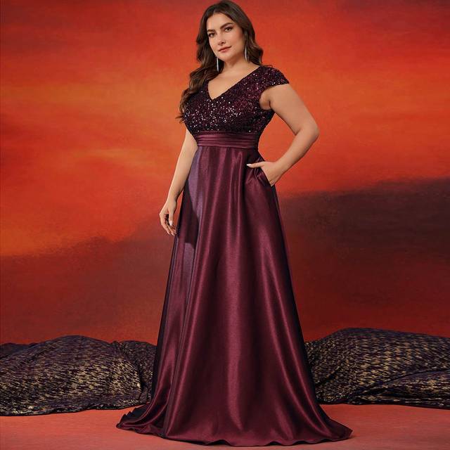 XUIBOL Plus Size Women&#39;s Elegant Patchwork Taffeta Flared V-Neck Formal Long Dress With Pockets, Suitable For Gala, Banquet And Party (Embellished), Wedding