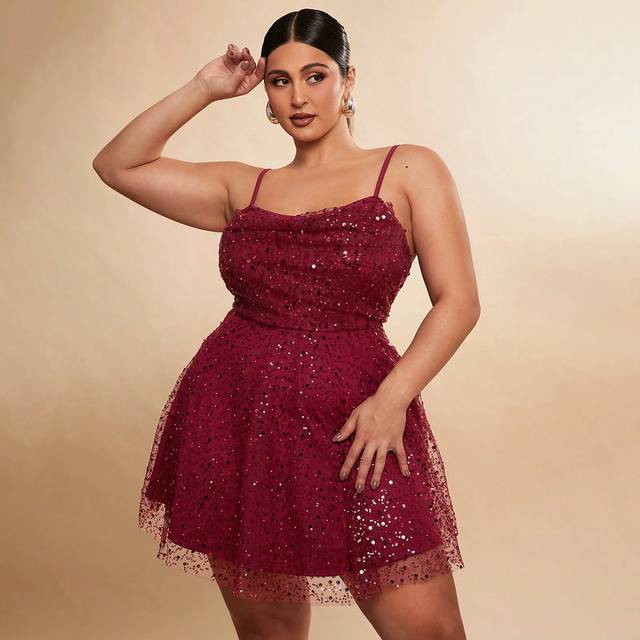 SHEIN Plus Size Fall Elegant Sweet Party Woman Shiny Sequins Spaghetti Strap Waist Lotus Leaf Hem Mini Dress