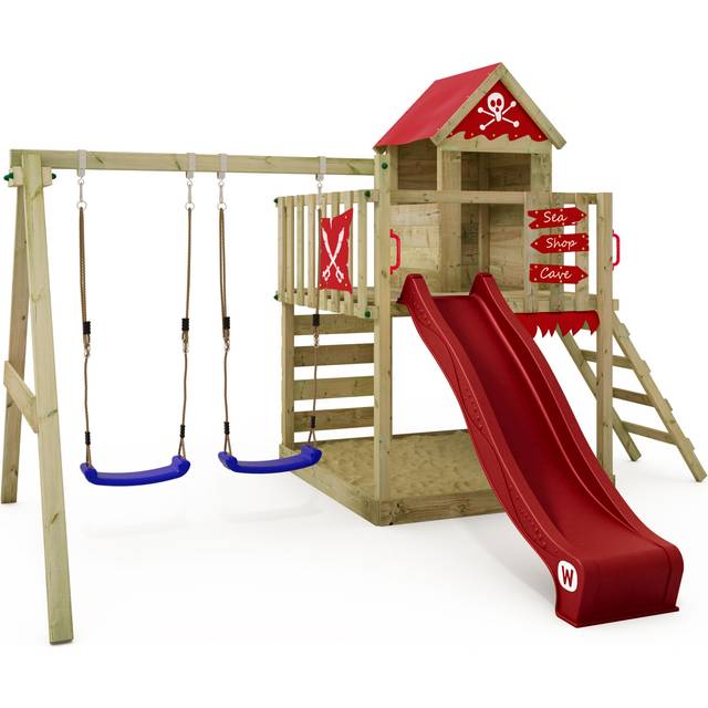 Wooden climbing frame Smart Cave with swing set and slide, Playhouse on stilts for kids with sandpit, climbing ladder & play-accessories - red