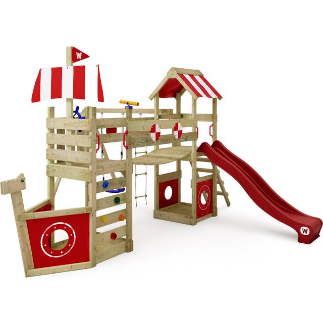 Wickey Wooden climbing frame StormFlyer with swing set and slide, Playhouse on stilts for kids with sandpit, climbing ladder & play-accessories - red