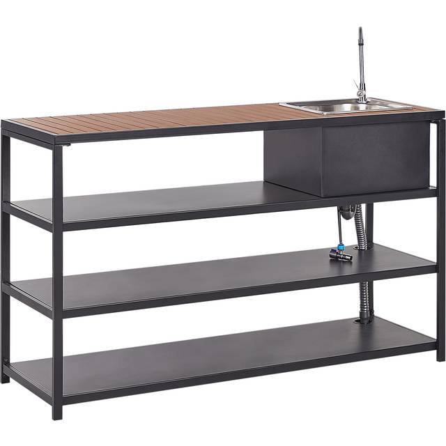 Outdoor Garden Kitchen Island with Sink Single Lever Spout Shelves Steel Light Wood Top 159 x 50 x 91 cm Black Avetrana