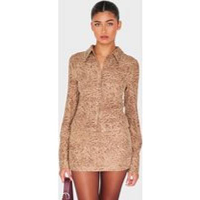 Brown Distressed Faux Suede Fitted Shirt, Brown - 12