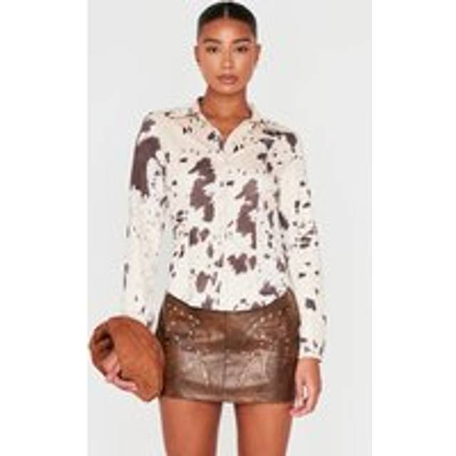 Beige Faux Suede Cow Print Fitted Shirt, Camel - 4