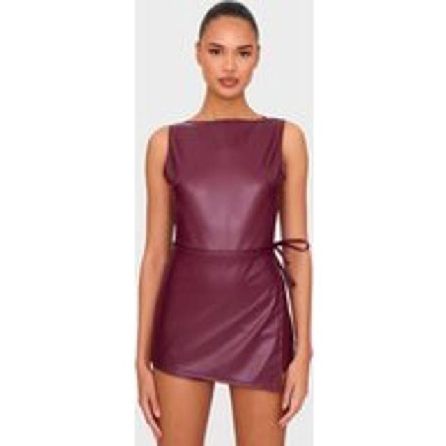 Burgundy Faux Leather Boat Neck Wrap Front Playsuit, Red - 6