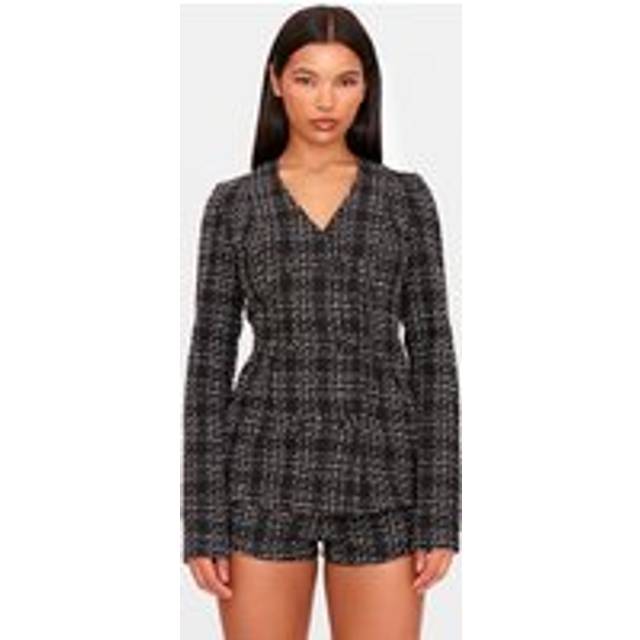 Black Tweed Long Sleeve Playsuit, Black - 8