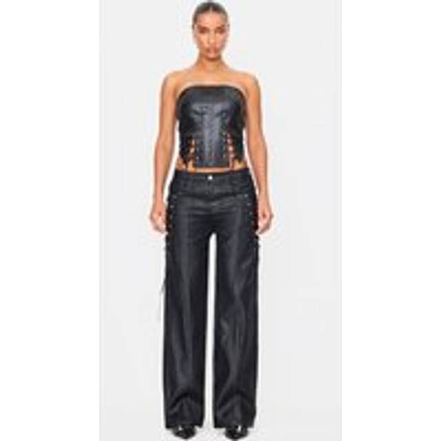 Black Coated Denim Lace Up Wide Leg Jean, Black - 6