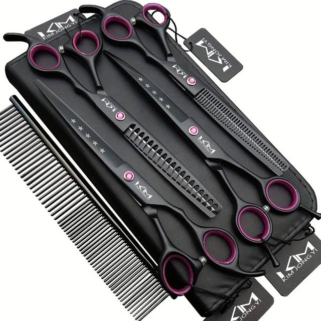 TEMU 7.0 Inches Professional Dog Grooming Scissors Set Straight & Thinning & Curved & 4pcs In 1 Set (with Comb)