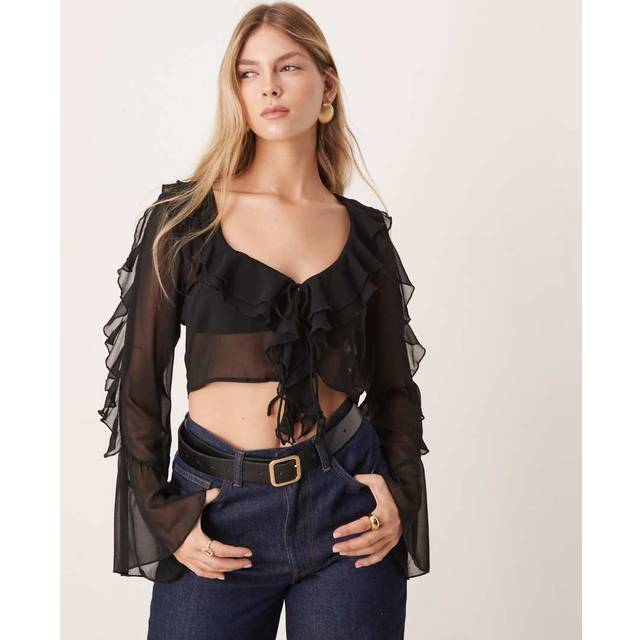 New Look Women's Plus Size Black Ruffle Trim Sheer Cropped Blouse Curves - UK 18