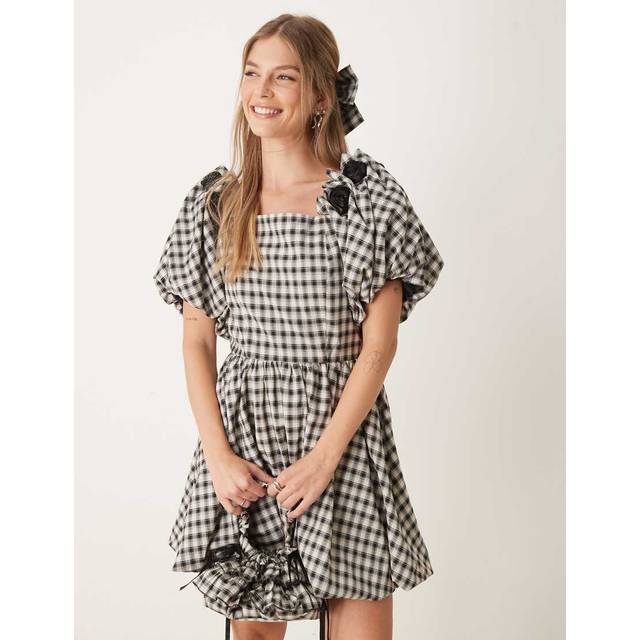 Sister Jane Dream Thelma Check Puff Sleeve Mini Dress, Black/ White