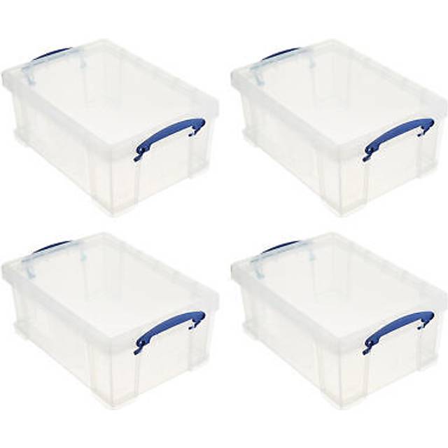 Really Useful Box Stackable 9 Liter Plastic Storage Container Bin with Snap Lid and Built-In Clip Lock Handles for Home & Office Organization (4 Pack)