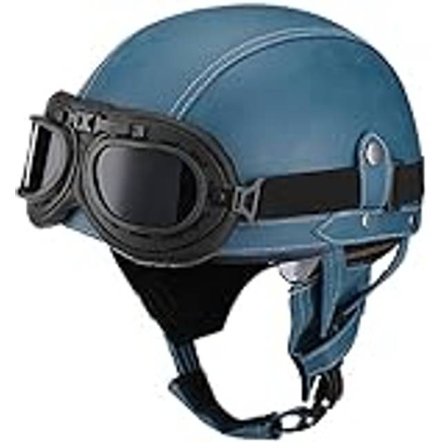 Vintage läderhjälm Motorcykelhjälm retro skoter Halvhjälm Öppet ansiktshjälmband UV-glasögon DOT ECE-godkänd Vuxen Män Kvinnor Jethjälm,F-M=(57~58cm)
