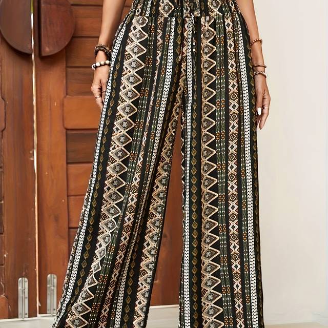 TEMU Bohemian Style Wide Leg Pants For Women - Ethnic Print, Vibrant Geometric Patterns, Casual Vacation &