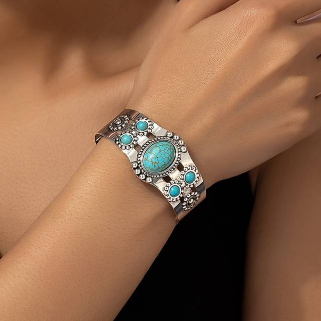 TEMU Vintage European Court Style Adjustable Cuff Bracelet For Women With Turquoise Gemstone Accents - Alloy Construction, Casual Attire, Bracelet|elegant Accessory|alloy Construction