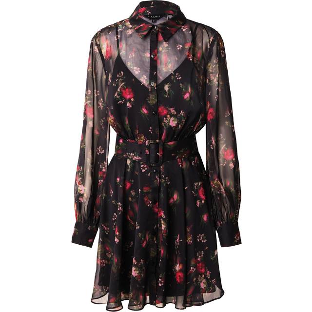 Ted Baker Collared Printed Button Down Mini Dress - Black