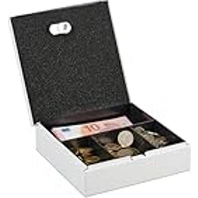 Lockable Cash Box, Removable Insert, 4 Compartments, Money Safe, Iron, HxWxD: 6 x 17 x 17.5 cm, White - Relaxdays