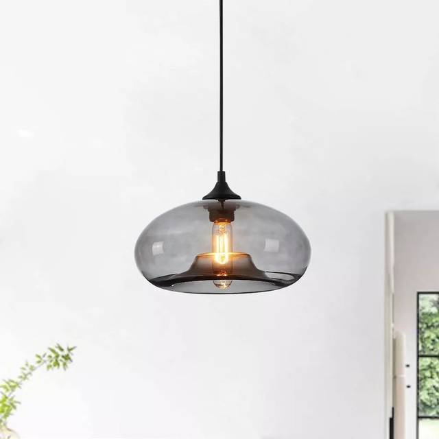 Large Glass Pendant Light – Industrial Vintage Ceiling Hanging Lamp - Grey (25cm H X 35cm W)