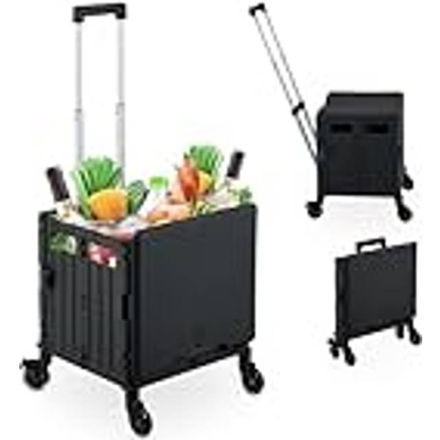 Foldable Shopping Trolley, Collapsible Basket on 4 Wheels, up to 35 kg Capacity, with Telescopic Handle, Black - Relaxdays