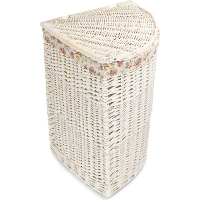 Wicker Corner Laundry Bin with Garden Rose Lining - White Wash (Large (60cm H x 46cm W x 46cm D))