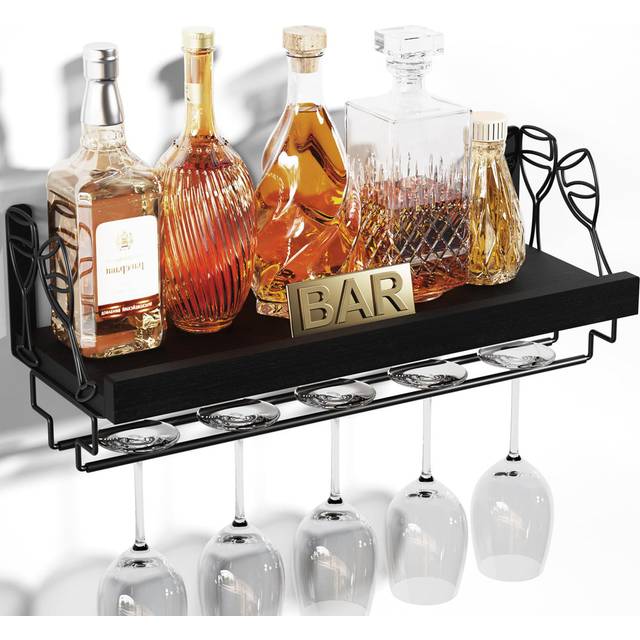 Esden Wall Mounted Wine Bottle & Glass Rack Black (16cm H X 44cm W X 16cm D)
