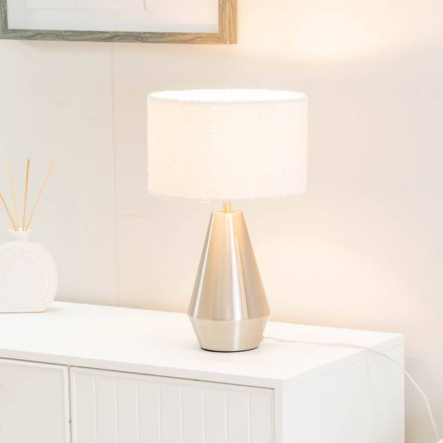 ValueLights Jax Cream Boucle Shade Brushed Chrome Touch LED Table Lamp - Silver - 41 x 25 x 25cm