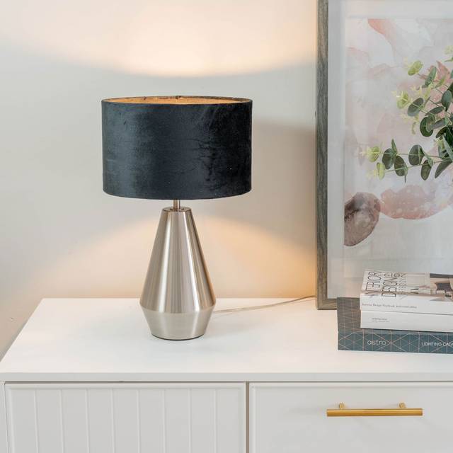 ValueLights Jax Black Velvet Shade Brushed Chrome Touch LED Table Lamp - Silver - 41 x 25 x 25cm