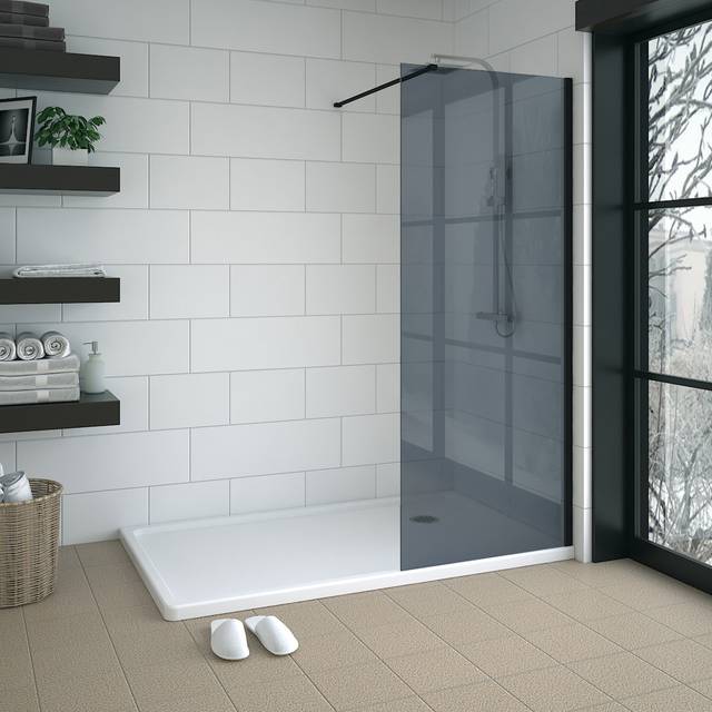 1950mm H Semi-Frameless Wet Room Walk In Shower Screens Grey Glass - Black (70.5cm W)